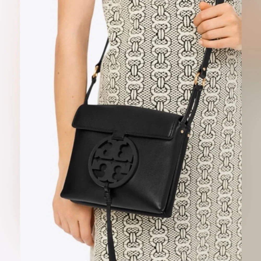 Tory Burch Miller Black Leather Flap Crossbody with Logo Medallion